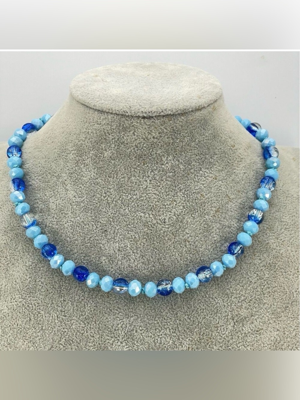 Hand Knotted Blue Crackle Glass Beaded Choker Necklace Artisan New Boho Cute